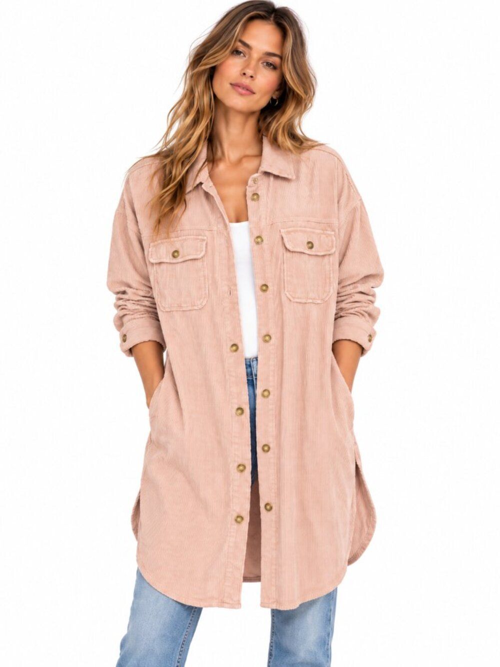 Anthropologie Pilcro Womens Corduroy Shirt Medium Pink Oversized Tunic Button Up